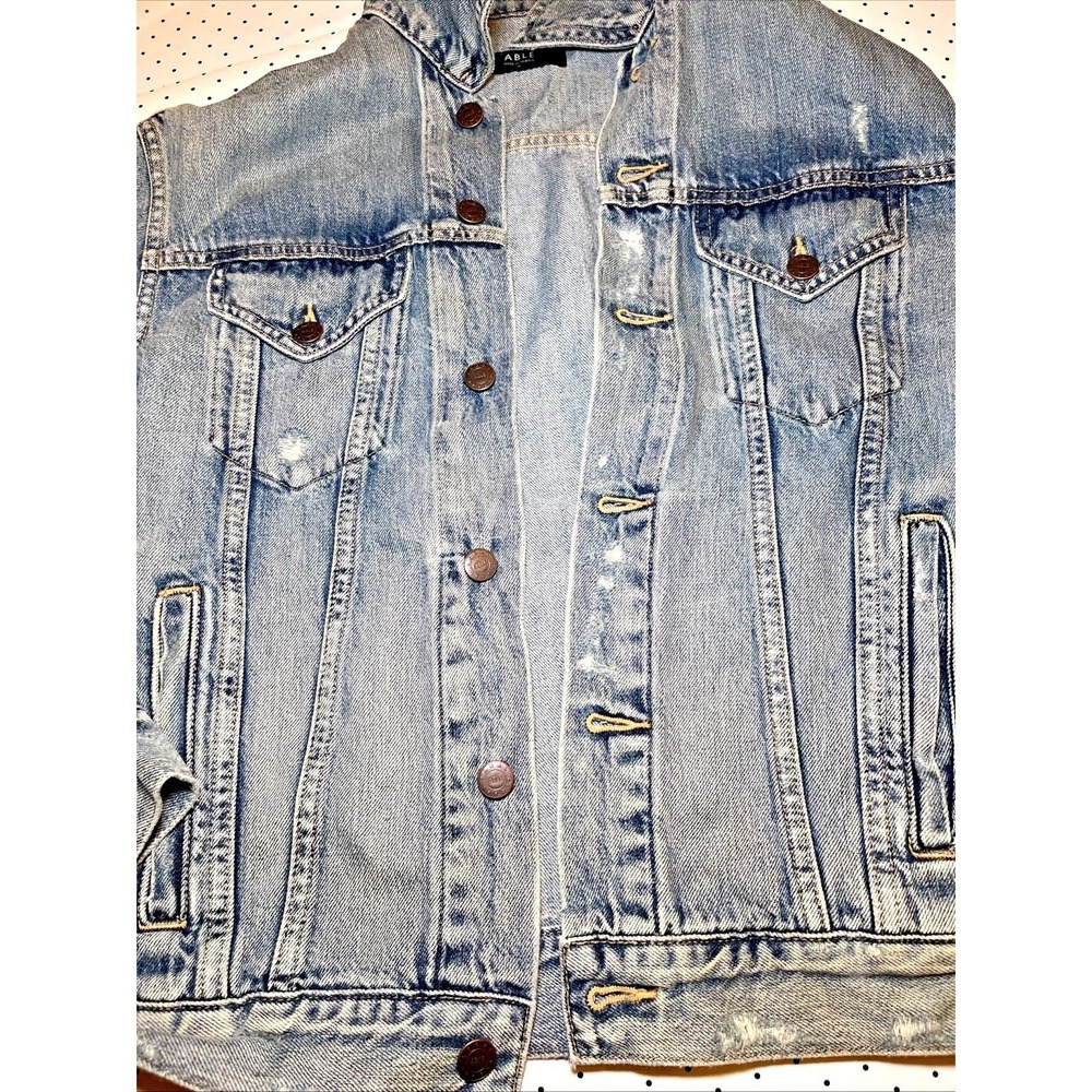 ABLE Distressed Denim Jacket Medium Light Wash Trucker Lyocell Blend - Picture 2 of 13